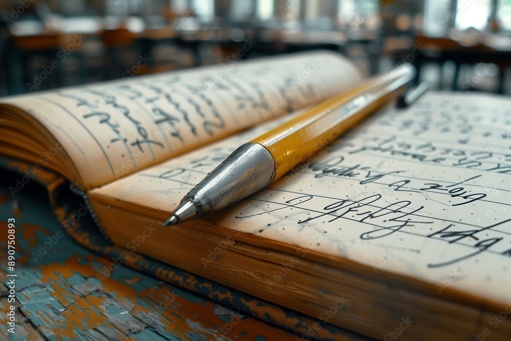 Yellow Pencil on Open Notebook With Handwritten Notes on Wooden Table Yellow Pencil on Open Notebook With Handwritten Notes on Wooden Table