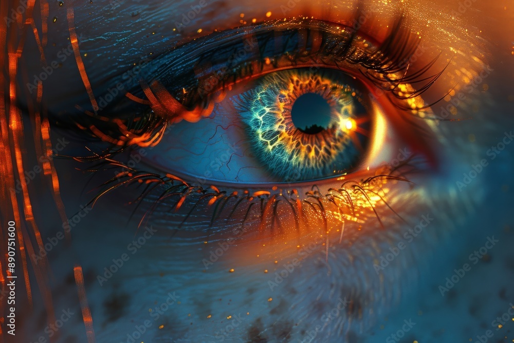Close-up of a human eye with vibrant blue and orange hues, showcasing intricate iris details and dramatic lighting, highlighting textures and reflectionshuman eye Close-up of a human eye with vibrant blue and orange hues, showcasing intricate iris details and dramatic lighting, highlighting textures and reflectionshuman eye
