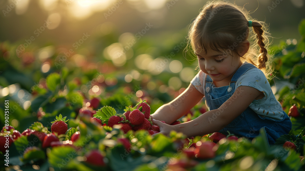 A cheerful girl picking strawberries at a farm, highlighting the joy and freshness of the harvest. A cheerful girl picking strawberries at a farm, highlighting the joy and freshness of the harvest.