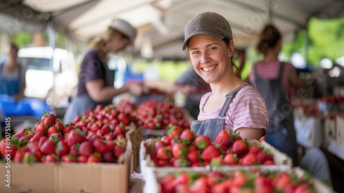 A smiling female farmer with fresh strawberry fruit in an outdoor farmer's market © Joyce