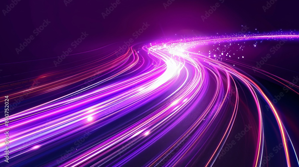 Abstract depiction of light lines indicating movement and speed adorned with purple sparkles Represents everyday glowing effects like car headlights or optical fiber Abstract depiction of light lines indicating movement and speed adorned with purple sparkles Represents everyday glowing effects like car headlights or optical fiber