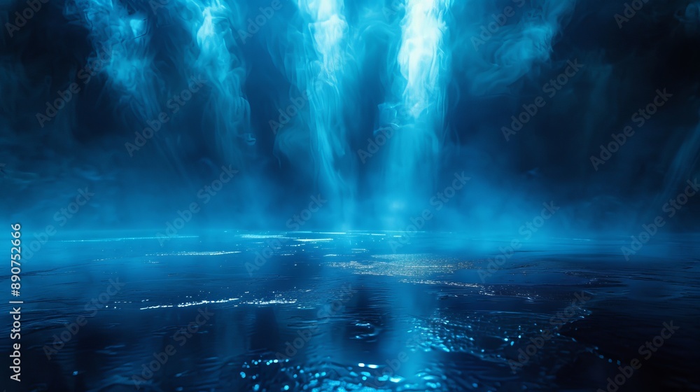 Abstract scene of a dark street with wet asphalt reflections of light rays in water and elements of smoke and smog Features neon lights and spotlights against a concrete floor backdrop Abstract scene of a dark street with wet asphalt reflections of light rays in water and elements of smoke and smog Features neon lights and spotlights against a concrete floor backdrop