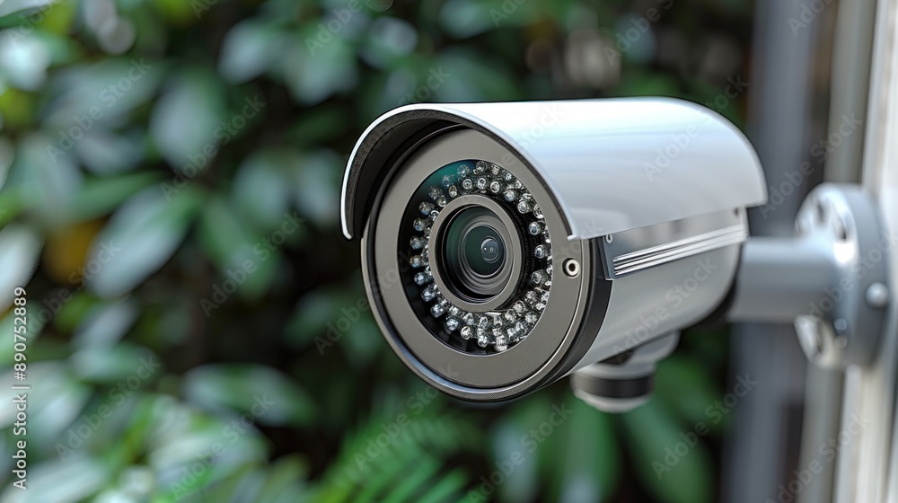 A security camera mounted on a wall, facing outwards towards a lush green background A security camera mounted on a wall, facing outwards towards a lush green background