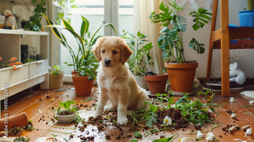 The living room is in a state of chaos, with dogs playing among destroyed flower pots and scattered plants. Soil is strewn across the floor, creating a messy sight. photo