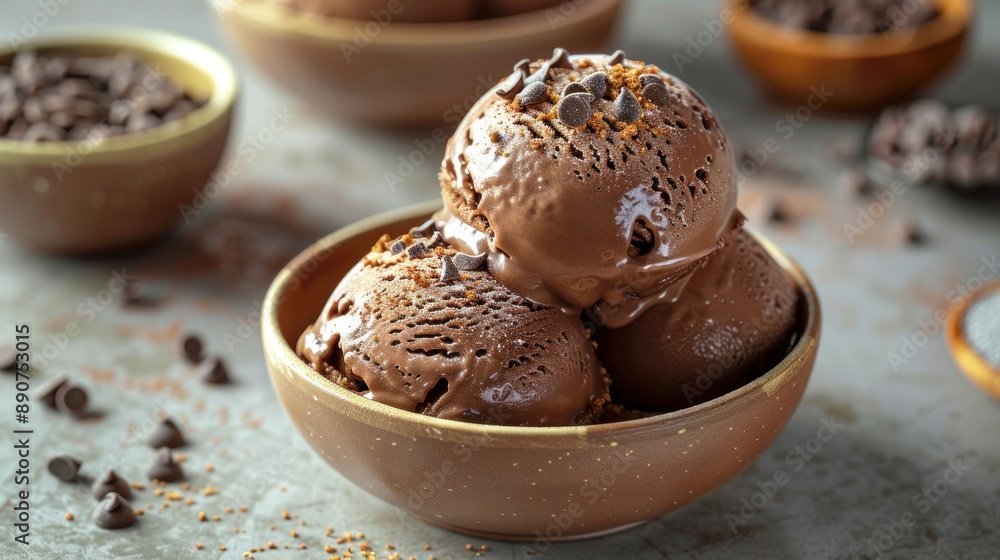 Three scoops of chocolate ice cream with chocolate chips, served in a brown bowl Three scoops of chocolate ice cream with chocolate chips, served in a brown bowl