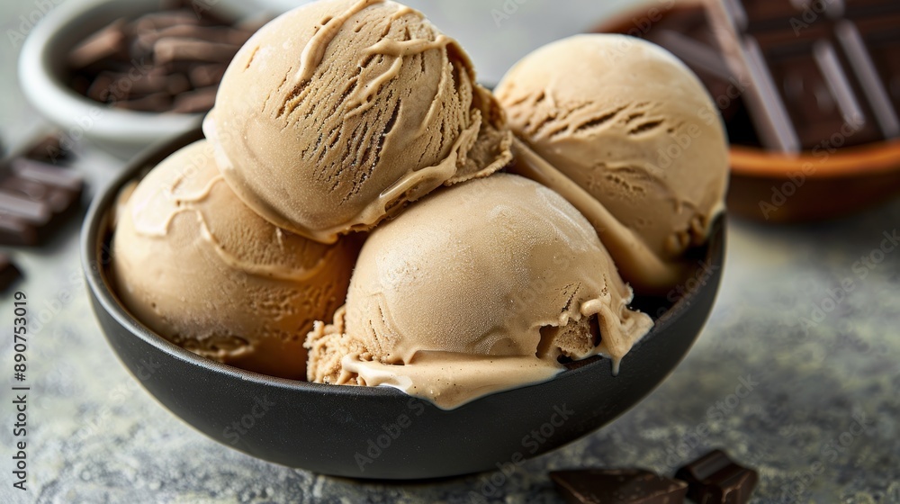 A bowl of chocolate ice cream scoops with chocolate squares in the background A bowl of chocolate ice cream scoops with chocolate squares in the background