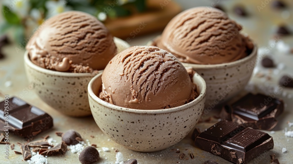 Chocolate ice cream in bowls with chocolate chips and a chocolate bar Chocolate ice cream in bowls with chocolate chips and a chocolate bar