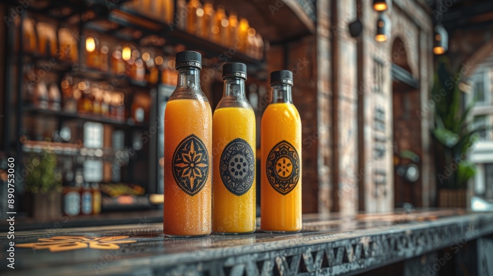 Bottles of a golden beverage sit on a bar counter Bottles of a golden beverage sit on a bar counter