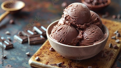 A close-up of a bowl of chocolate ice cream topped with chocolate chips and chunks