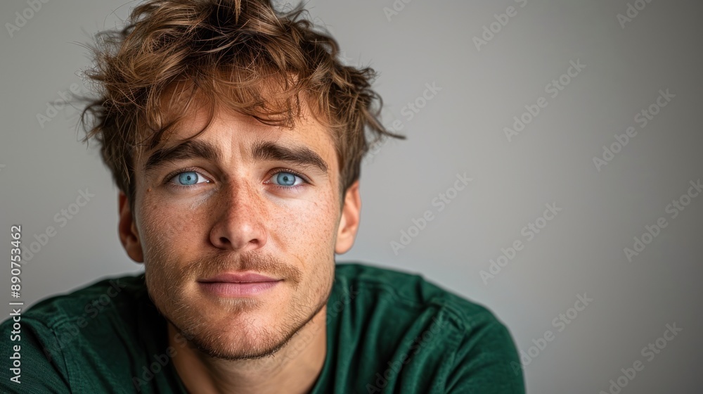 A young man with blue eyes, wavy hair, and a light beard looks directly at the viewer A young man with blue eyes, wavy hair, and a light beard looks directly at the viewer