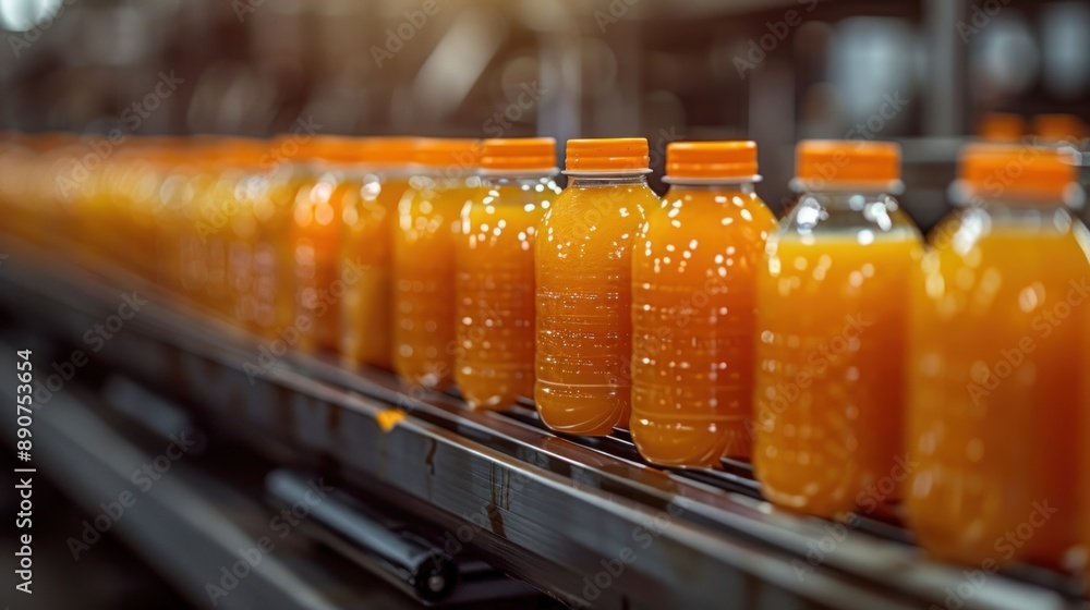 Bottles of orange juice move along a conveyor belt Bottles of orange juice move along a conveyor belt