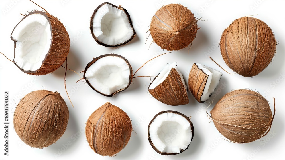 Assortment of fresh whole coconuts half coconuts and coconut slices isolated on a white background Top view Assortment of fresh whole coconuts half coconuts and coconut slices isolated on a white background Top view