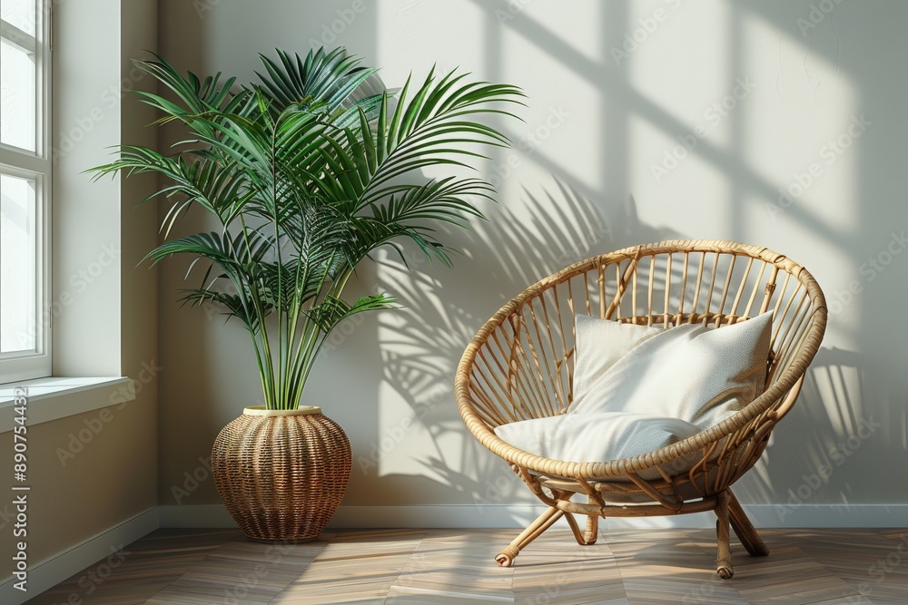 Cozy sunlit corner with bamboo chair and luxurious green plant casting shadows on neutral walls in modern minimalist home decorRattan chair Cozy sunlit corner with bamboo chair and luxurious green plant casting shadows on neutral walls in modern minimalist home decorRattan chair