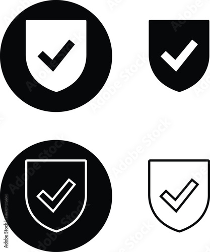 Shield with check mark icon set. Protection approve Security sign. Strong privacy tick shield. Tick mark approved. Flat and line style black vector collection isolated on transparent background.