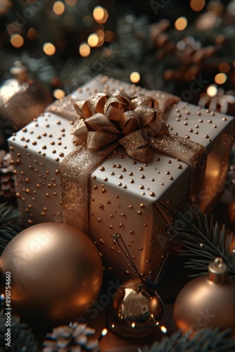 Exquisitely Wrapped Christmas Gift Box with Golden Bow and Ornaments Amid Festive Decorations and Fir Branches, Soft LightsChristmas photo