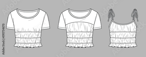 Vector short sleeved top with gathering details fashion CAD, woman cropped round neck blouse with frill details technical drawing, template, mock up, sketch. Blouse flat, front, back view, white color