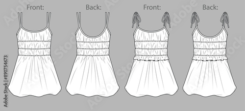 Vector mini bohemian dress fashion CAD, woman flared round neck short dress technical drawing, template, sketch, flat, mock up. Jersey or woven fabric mini 2 pcs dress with front view, white color