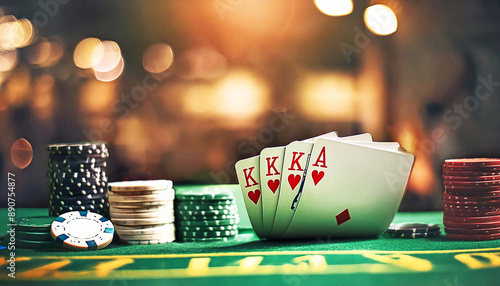 MESA DE PÔQUER COM CARTAS E FICHAS DE UM JOGO EM UM CASSINO 