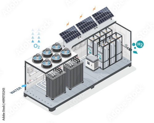 PEM water electrolyser station  set daigram isometric H2 green electrolyzer hydrogen generator station for factory industrial technology on white background isolated cartoon