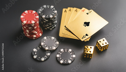 MESA DE PÔQUER COM CARTAS E FICHAS DE UM JOGO EM UM CASSINO 