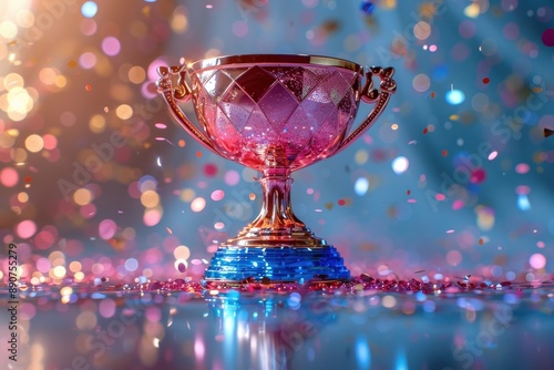 The image showcases a glittering gold trophy cup on a vibrant blue base surrounded by colorful confetti and sparkles in celebration of a winning achievementtrophy photo