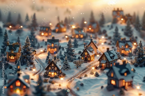 Charming Snowy Village at Night with Glowing Lights and Pine Trees Creating a Picturesque Magical Winter Wonderland SceneWinter photo