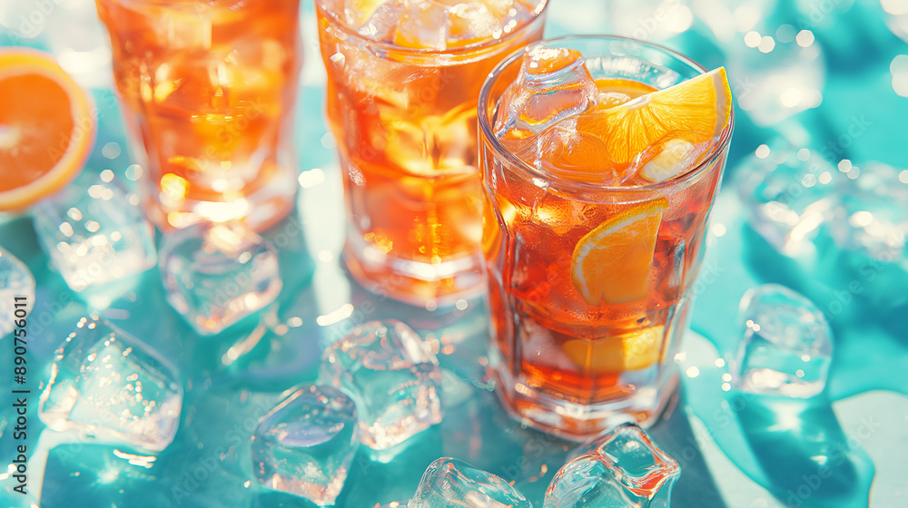 Refreshing summer drinks with orange slices and ice cubes on a blue surface. Refreshing summer drinks with orange slices and ice cubes on a blue surface.