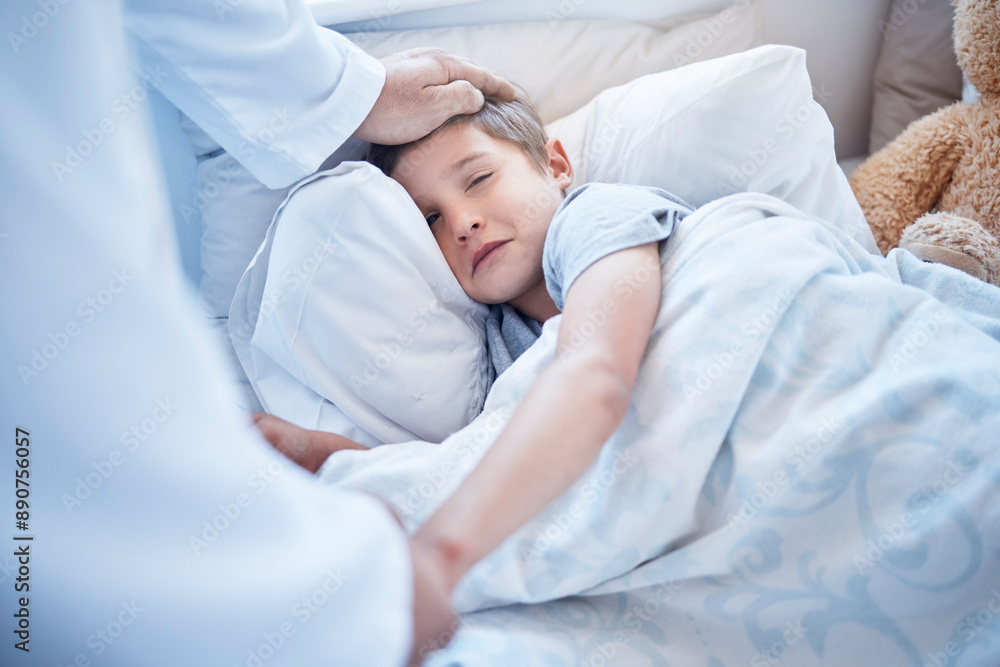 Person, doctor and bed with sick child for healthcare, checkup or treatment on fever at home. Cardiologist or medical employee with little boy or kid in bedroom for illness, flu or cold at house Person, doctor and bed with sick child for healthcare, checkup or treatment on fever at home. Cardiologist or medical employee with little boy or kid in bedroom for illness, flu or cold at house