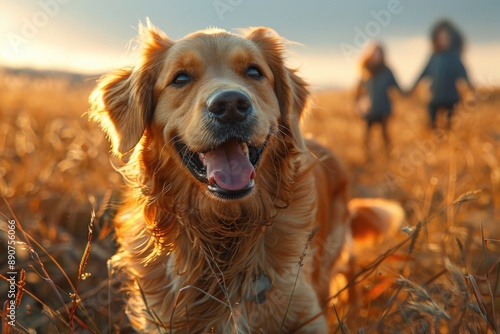 Golden Retriever Dog in a Sunlit Field with Children Holding Hands in the Background on an Autumn DayGolden Retriever photo