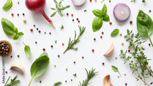 Fresh herbs and spices arranged on a white background.