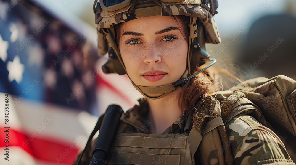 Female soldier in uniform with American flag in the background. Female soldier in uniform with American flag in the background.