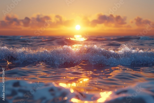 Vibrant sunset over ocean waves with golden reflections and clouds glowing in the colorful evening skysunset photo