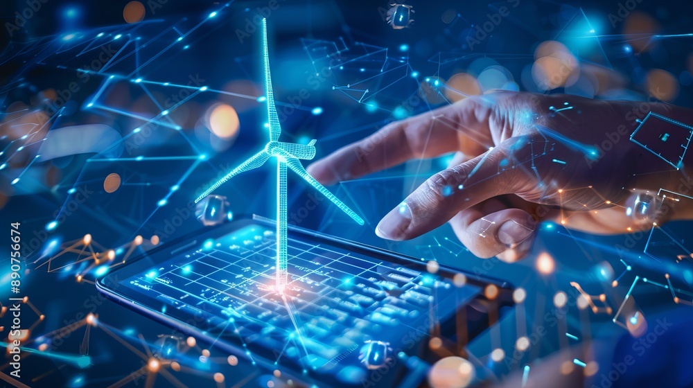 Closeup of a businessmans hand pointing at a cellphone displaying a glowing digital wind turbine hologram against a blue background Illustrates the concept of wind energy generation Closeup of a businessmans hand pointing at a cellphone displaying a glowing digital wind turbine hologram against a blue background Illustrates the concept of wind energy generation