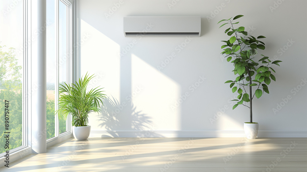 Minimalist empty room with large windows, air conditioner, and potted plants. Minimalist empty room with large windows, air conditioner, and potted plants.