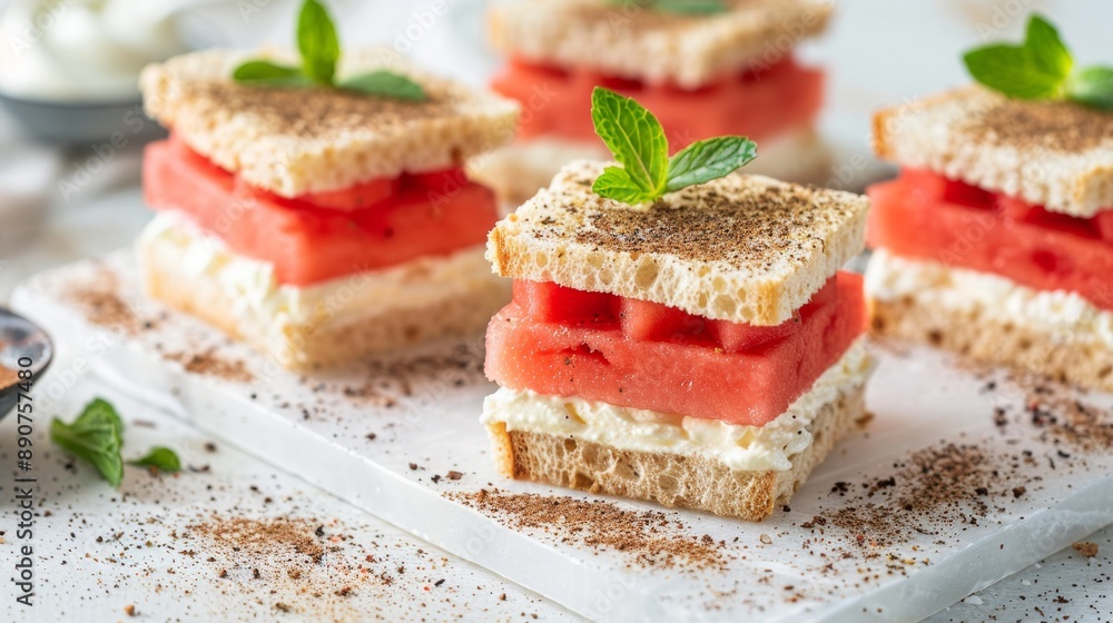 A sweet treat featuring watermelon sandwiches with watermelon, mascarpone cheese, and a sprinkle of cinnamon A sweet treat featuring watermelon sandwiches with watermelon, mascarpone cheese, and a sprinkle of cinnamon