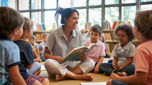 Teacher at a Montessori school sitting with children in a circle, reading a storybook during story time with animated expressions