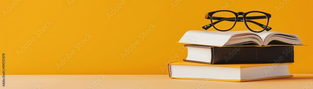 Stack of books with open book and glasses on top against yellow background. Perfect for education and reading concepts.