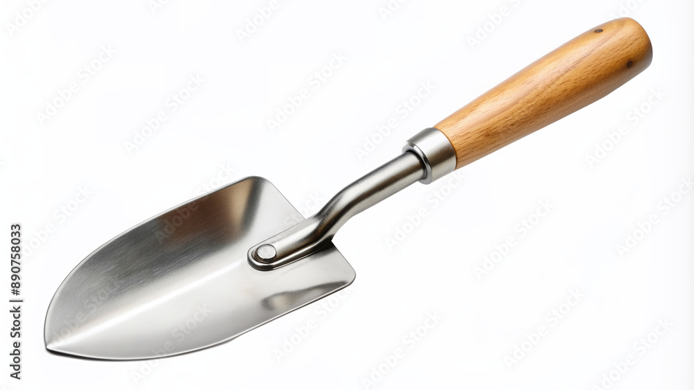 Fototapeta premium A stainless steel shovel with a curved blade and wooden handle isolated on a transparent background, perfect for gardening, construction, or outdoor activities.