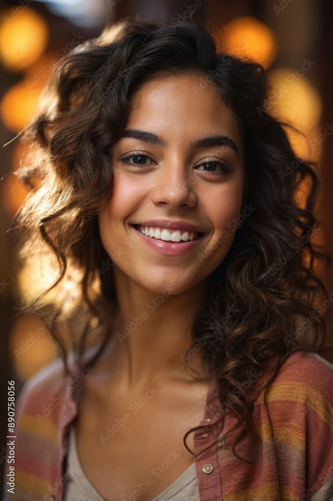 Portrait of smiling young hispanic woman with wavy hair looking at camera Portrait of smiling young hispanic woman with wavy hair looking at camera