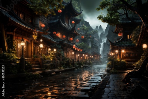 old town on a late rainy evening, wet pavement, street lights, old architecture in Japanese or Chinese style © soleg