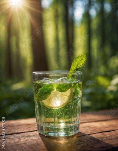 a glass filled with clean drinking water against a beautiful landscape, nature with a forest