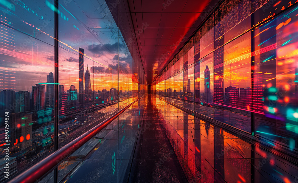 Fototapeta premium Futuristic cityscape with digital data and stock market graphs overlay at sunset.