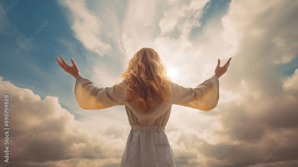 Back view of young woman standing with outstretched hands against cloudy sky Back view of young woman standing with outstretched hands against cloudy sky