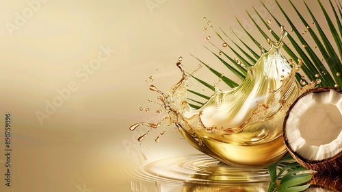 Coconut with palm leaves and splashes of cooking oil on a beige gradient background