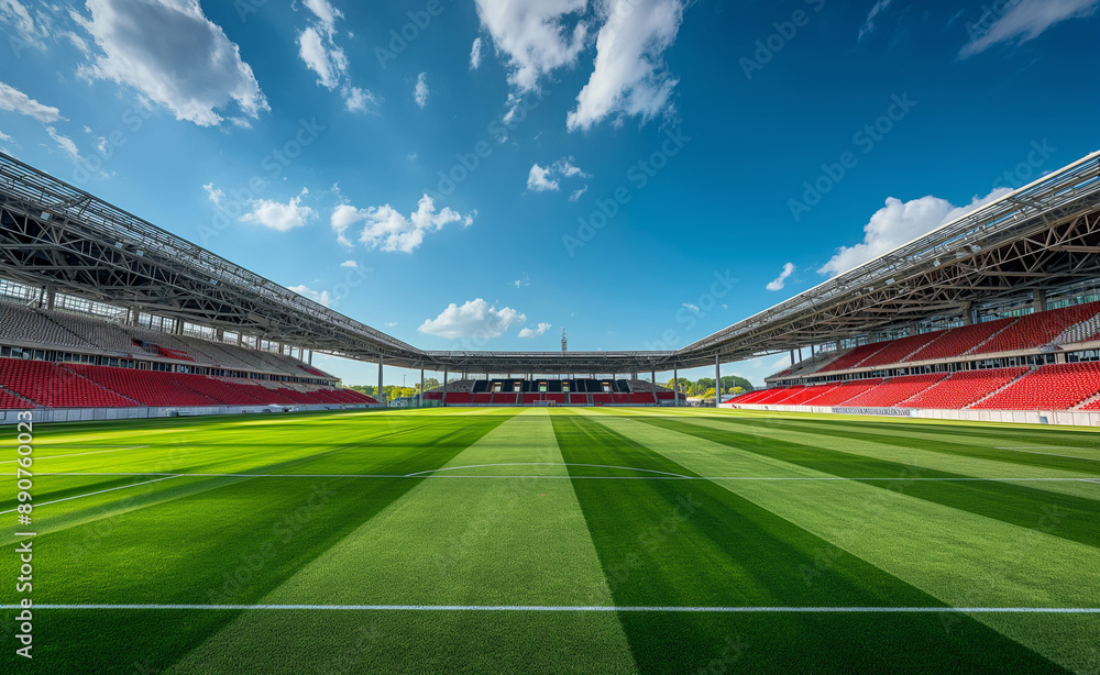 Fototapeta premium Empty soccer stadium with green field and red seats.