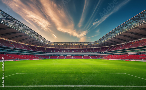 Empty soccer stadium with green field and red seats.