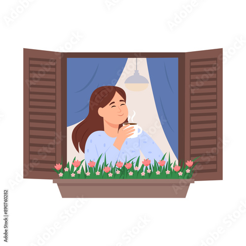 Woman relaxing at home, looking out open window, enjoying coffee cup. Girl inhaling fresh air, drinking tea in morning time. Flat vector illustration isolated