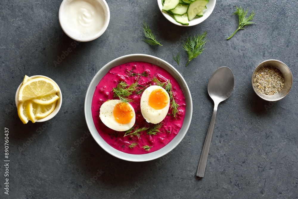 Cold summer beet soup with cucumbers, dill and egg Cold summer beet soup with cucumbers, dill and egg