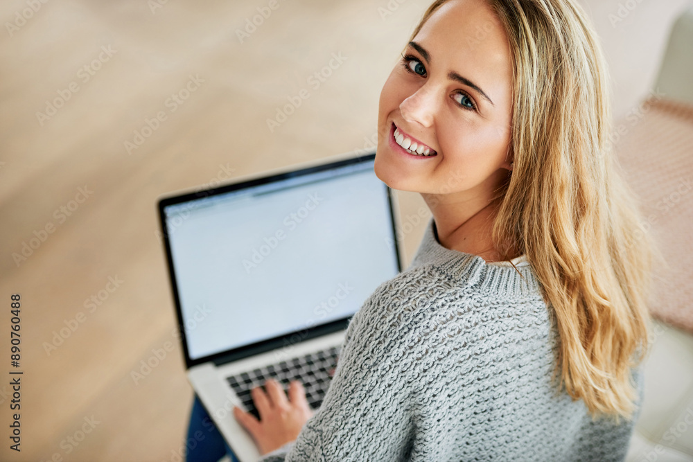 Remote work, screen and portrait of happy woman with laptop, research and email at home. Female student, smile and tech on sofa for job searching, internship opportunity and feedback in Australia Remote work, screen and portrait of happy woman with laptop, research and email at home. Female student, smile and tech on sofa for job searching, internship opportunity and feedback in Australia