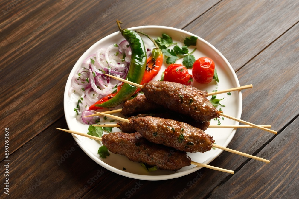Homemade lula kebab with vegetables on wooden table Homemade lula kebab with vegetables on wooden table